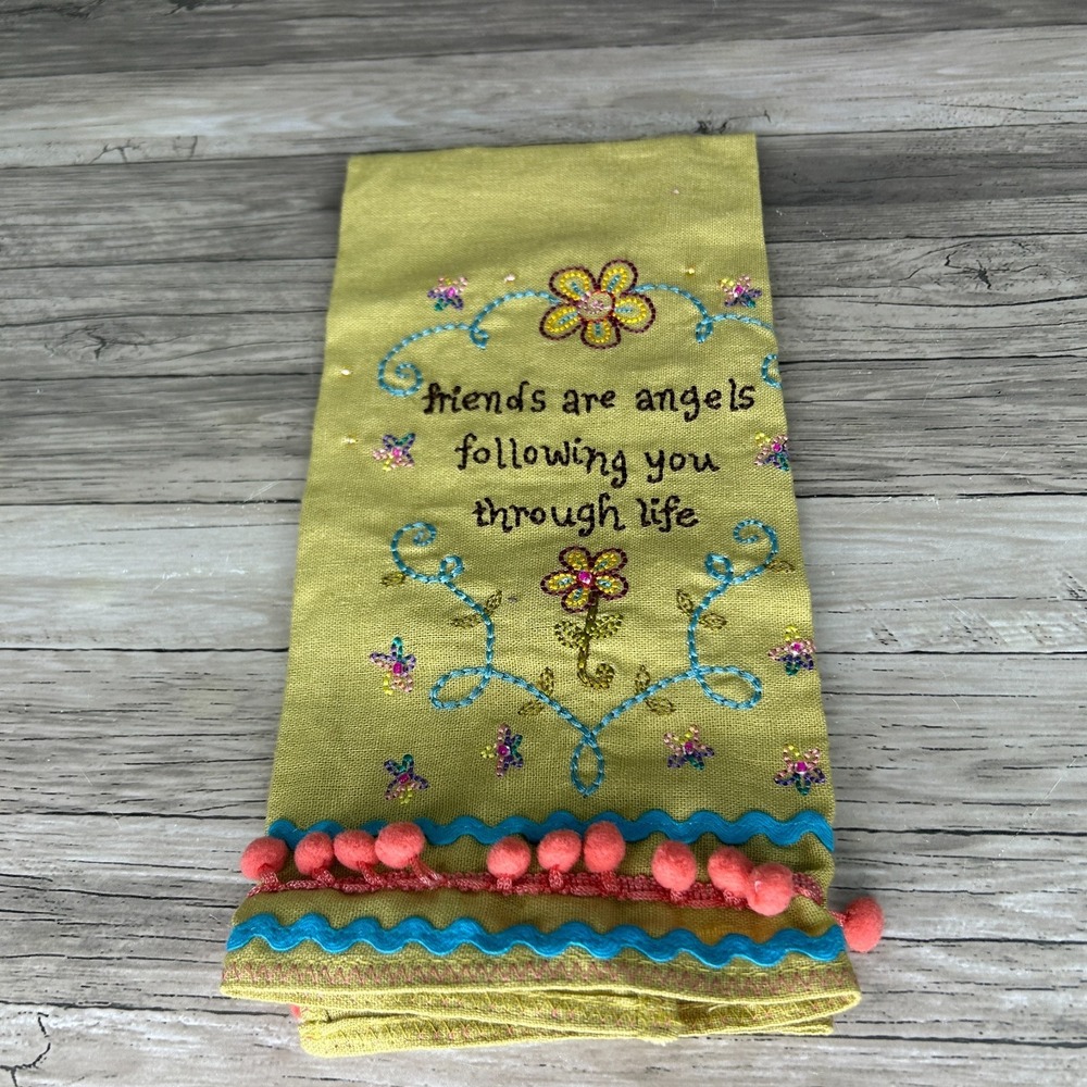 Natural Life Linen Tea Dish Towel Embroidered Boho Friends Are Angels‎ Gift